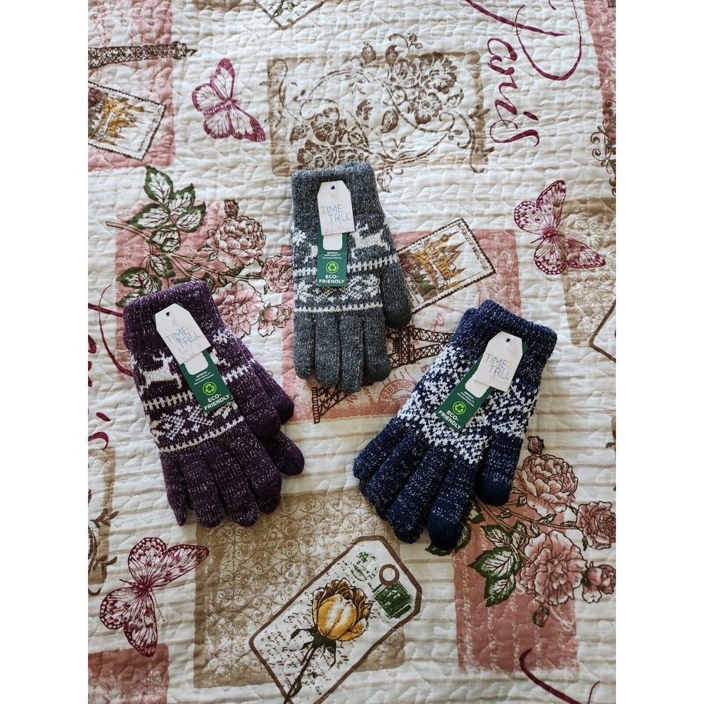 Set Of 3 Women's SNOWFLAKE FAIR ISLE TOUCH GLOVE Blue, Gray and Purple